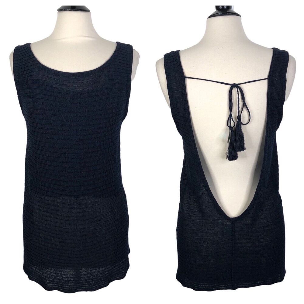 Yaya Aflalo Navy Blue Linen Blend Low Back Ribbed Knit Tank Top Women's Size M